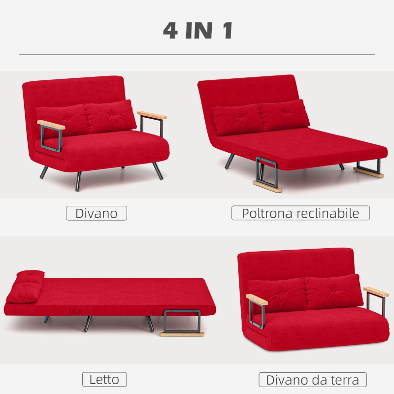 HOMCOM Divano Letto in Tessuto Effetto Velluto con Schienale Regolabile e 2 Cuscini, 102x73x81 cm, Rosso