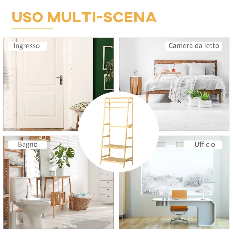 HOMCOM Appendiabiti in Legno di Bambù da Terra con Ripiani, 70x42x164cm, Colore Legno