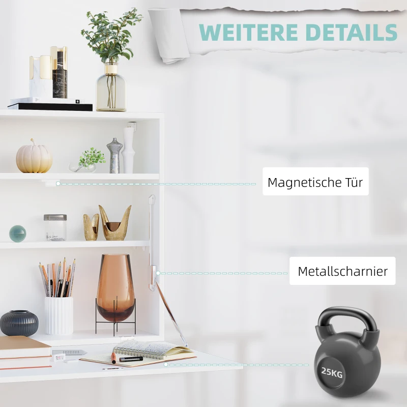 HOMCOM Wandklapptisch mit Ablagefächern 64 cm x 20 cm x 60 cm Weiß