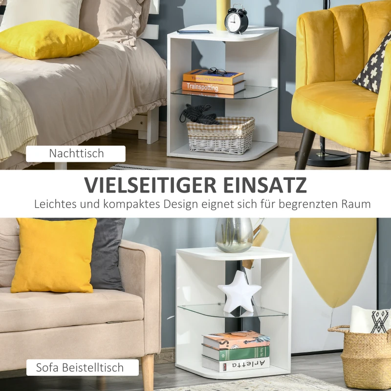 HOMCOM Beistelltisch 3-Schicht moderner Nachttisch mit 2 Ablagefächern geeignet für Wohnzimmer Schlafzimmer Material aus Spanplatte gehärtetem Glas Weiß 40 x 40 x 56 cm