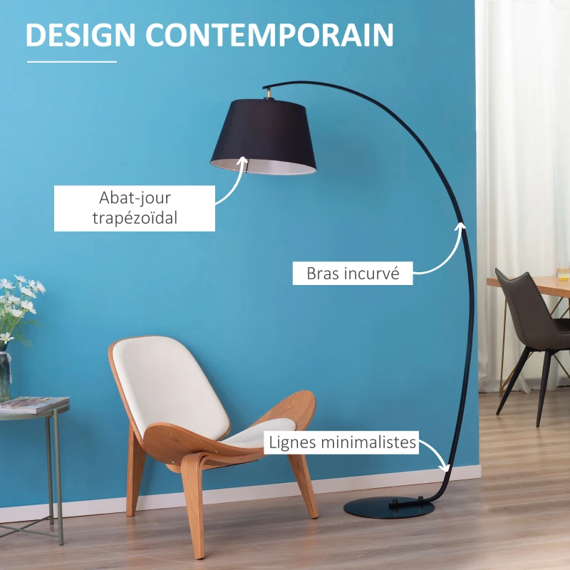HOMCOM Lampadaire à arc design contemporain lampe arceau moderne douille E27 40 W interrupteur à pédale inclus abat-jour tissu base ronde métal 100 x 43 x 177 cm marron et gris