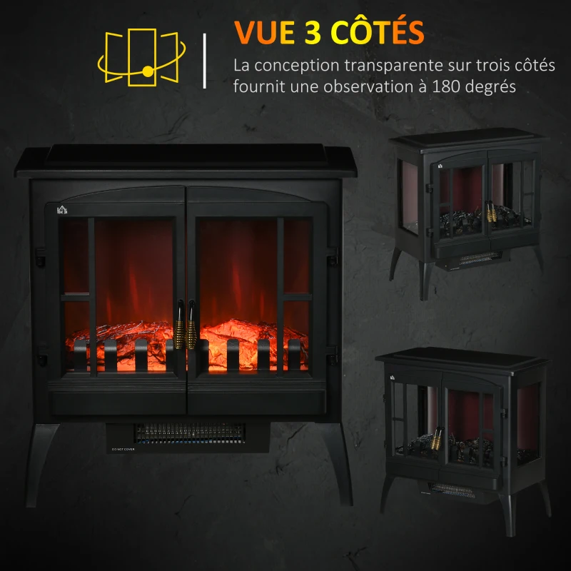 HOMCOM Cheminée électrique sur pieds effet poêle à bois avec LED thermostat 1000/2000W anti surchauffe - noir
