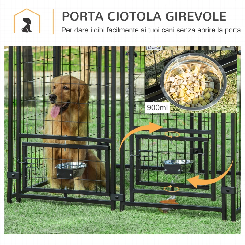 PawHut Recinto per Cani da Esterno con Serratura, 2 Ciotole Girevoli e Copertura Rimovibile, Nero e Rosso(m-5)