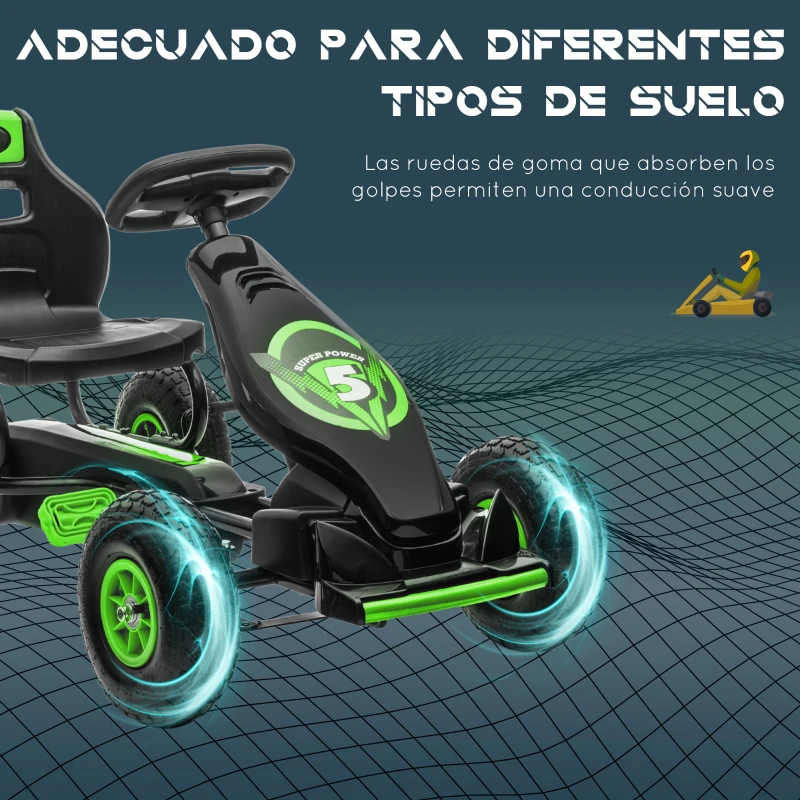 HOMCOM Coche de Pedales para Niños de 5-12 Años con Asiento Ajustable Neumáticos Inflables Amortiguador Carga 50kg Negro Verde