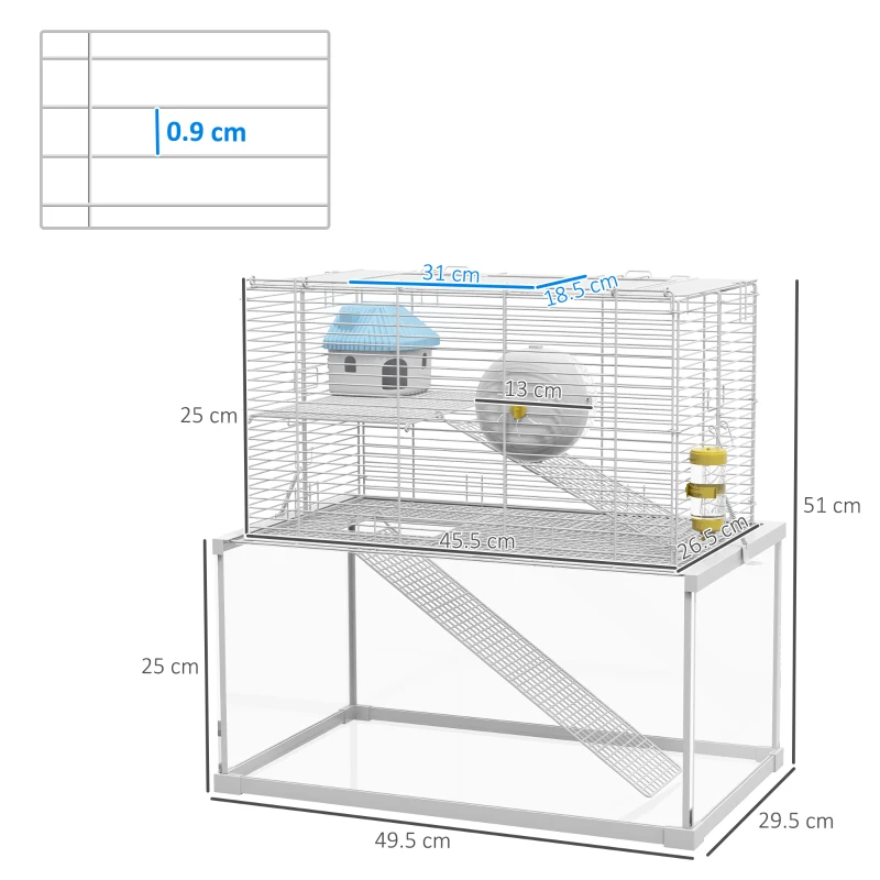 PawHut Gerbil Cage, Dwarf Hamster Cage w/ Deep Glass Bottom, Ramps, Platforms, Hut, Exercise Wheels, Water Bottle - White