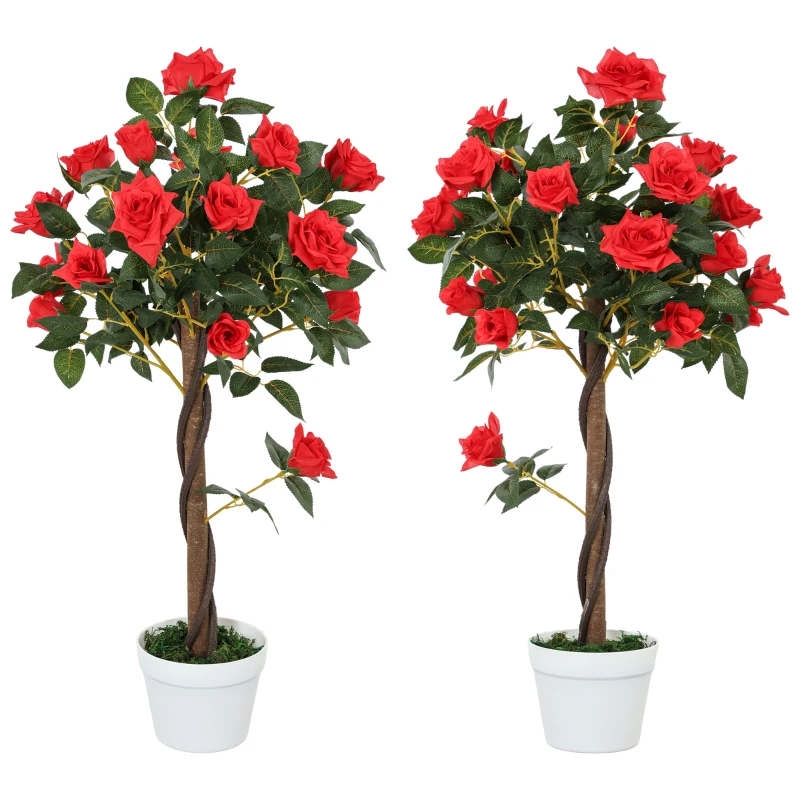 Outsunny Set of 2 Artificial Plants White Rose Floral in Pot, Fake Plants for Home Indoor Decor, 90cm, Red