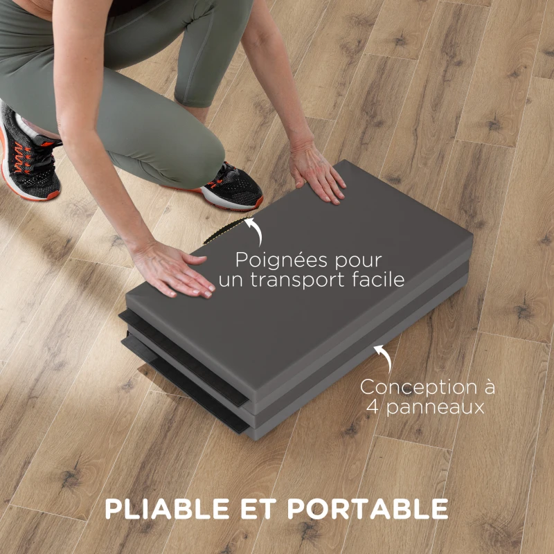 HOMCOM Tapis de gymnastique yoga pilates fitness pliable en 4 avec poignées revêtement synthétique 180 x 80 x 5 cm gris