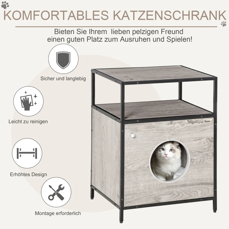 PawHut Katzenhöhle Katzenschrank Katzenbett Katzenhaus mit Tür offenem Regal Plüsch Grau+Schwarz 48 x 40 x 65,5 cm