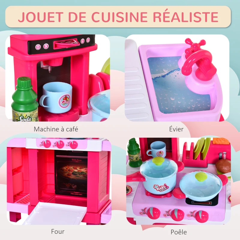HOMCOM Cuisine pour Enfant Recettes Jeu d'imitation 38 Accessoires Inclus Sons et lumières polypropylène Rose(m-5)