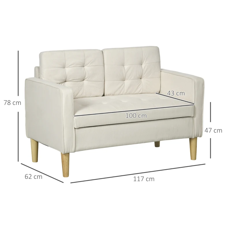 HOMCOM Modern Loveseat Sofa, Compact 2 Seater Sofa with Hidden Storage, 117cm Tufted Cotton Couch with Wood Legs, Cream White