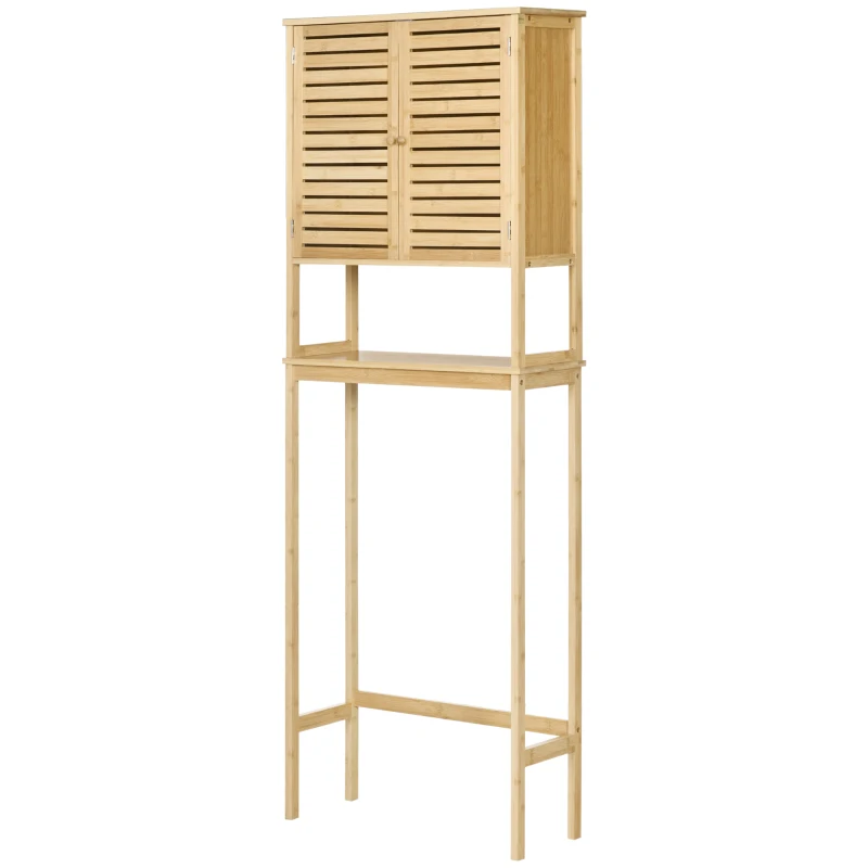 kleankin Étagère de toilettes meuble de salle de bain dessus toilette WC avec placard 2 portes et étagère ouverte 60 x 23 x 173 cm bambou