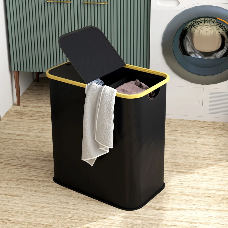 HOMCOM Coș pentru Rufe de 80L cu 2 Secțiuni și Capac din Material Textil și Bambus, 54x34x58,5 cm, Negru