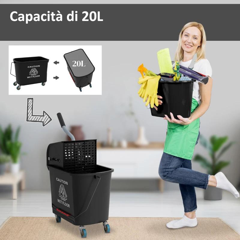HOMCOM Carrello per Pulizie in Plastica PP da 20L con Secchio e Strizzatore, 60x27x70.5 cm, Nero