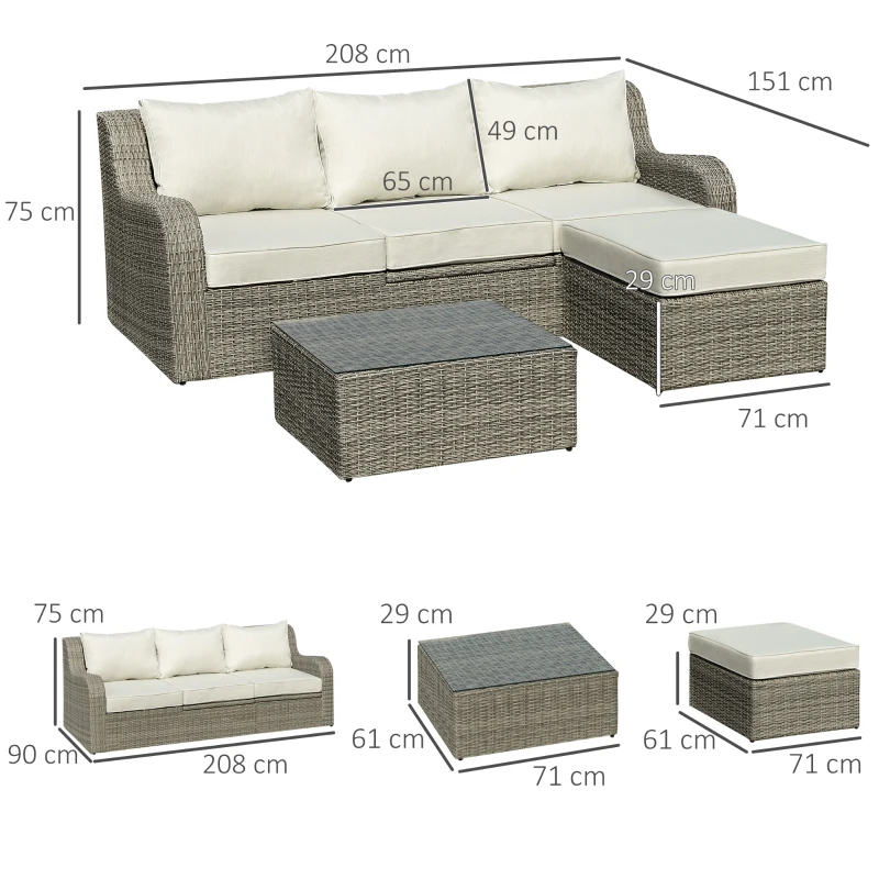 Outsunny Polyrattan Gartenmöbel Set für 3 Personen Gartengarnitur mit Beistelltisch Kissen Aluminium Hellgrau+Beige