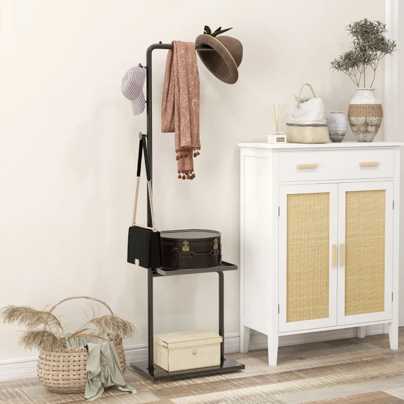 HOMCOM Garderobenständer, Kleiderstange mit Stoppern, 3 Haken, Ablagefach, Kunststeinsockel, Schwarz