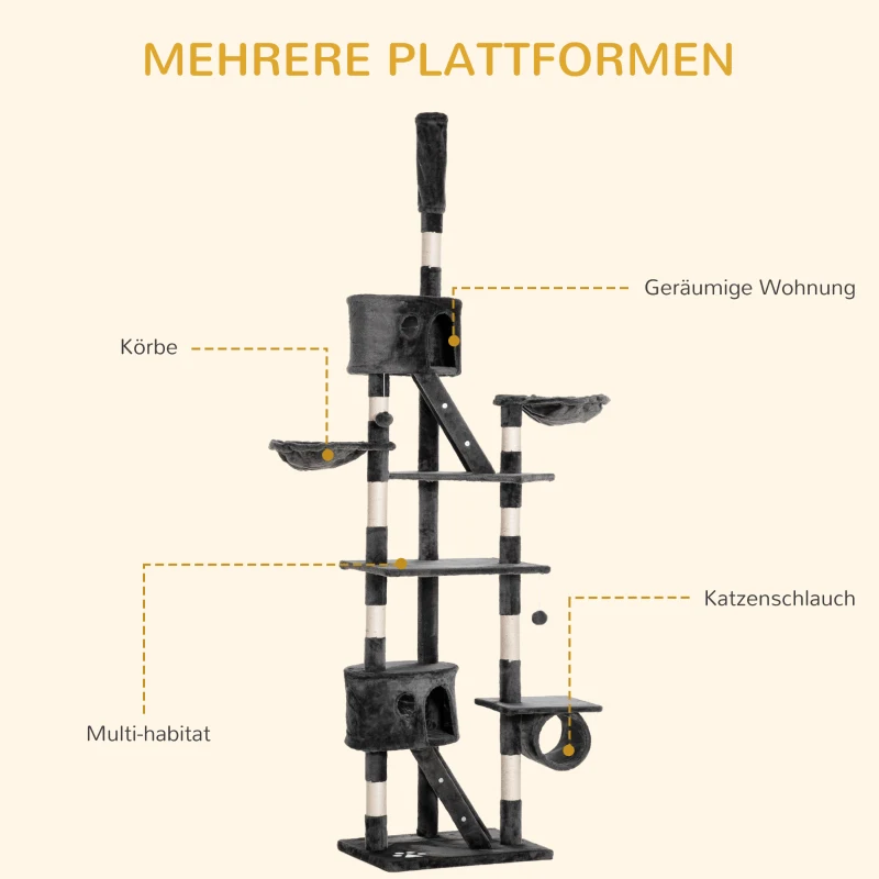 PawHut Kratzbaum deckenhoch Höhe 240-260 cm Katzenbaum mit Plüschbälle, Katzenhöhle, Hängematte, Sisalstämme, Plattformen mehrstöckiger Katzenkratzbaum Kletterbaum für große Katzen, Dunkelgrau