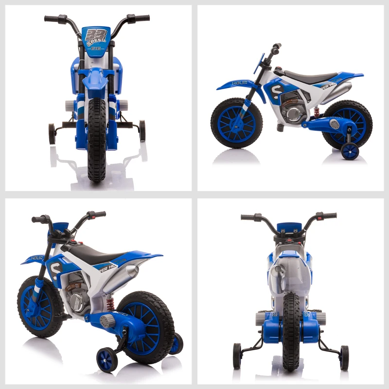 HOMCOM Moto Cross électrique Enfant 3 à 5 Ans 12 V 3-8 Km/h avec roulettes latérales Amovibles dim. 106,5L x 51,5l x 68H cm Bleu(m-8)