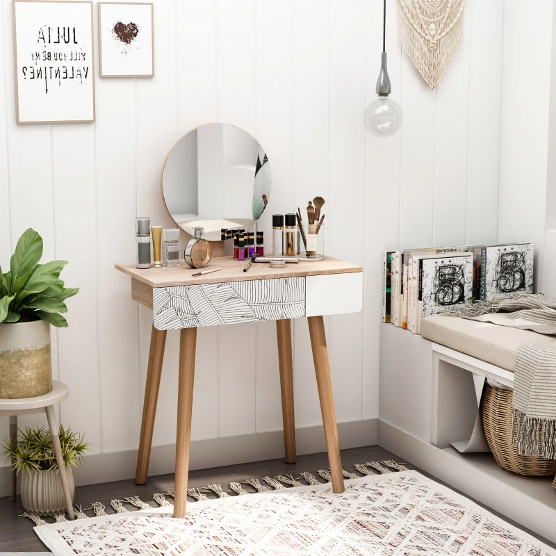 HOMCOM Toeletta Tavolo da Trucco con Specchio Circolare Ф39cm, Consolle Trucco con Cassetto con Decorazione Jungle, Bianco e Rovere, 70x39x119-128cm