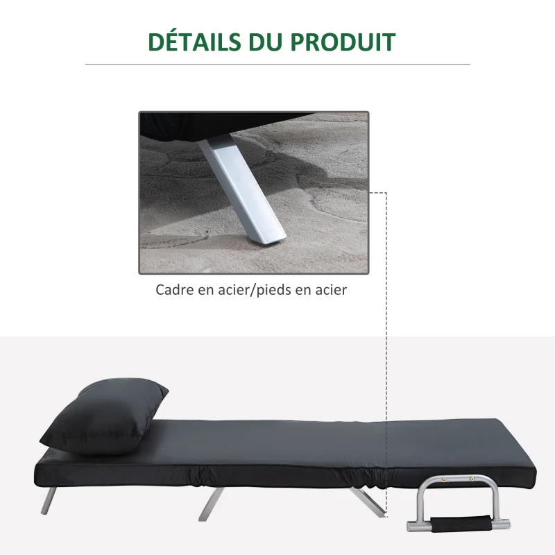 HOMCOM Fauteuil chauffeuse canapé-lit Convertible 1 Place déhoussable Grand Confort Coussin Pieds accoudoirs métal suède Noir
