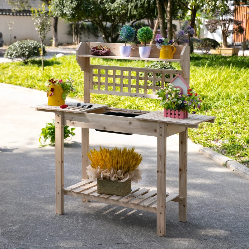 Outsunny Banco Tavolo da Lavoro per Giardinaggio in Legno Naturale con Vaschetta Integrata e Mensole 100x45x140cm