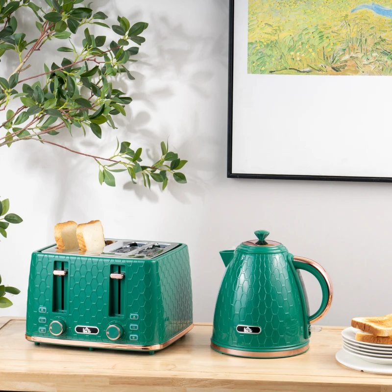 HOMCOM Kettle and Toaster Set, 1.7L 3000W Fast Boil Jug Kettle with Auto Shut Off, 4 Slice Toaster with 7 Level Browning Controls & Crumb Tray, UK Otter Thermostat, Green