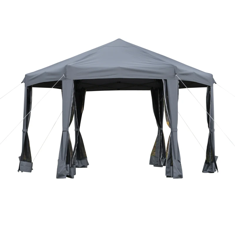 Outsunny 3.8m x 3.2m Pop Up Gazebo Hexagonal Canopy Tent Outdoor Sun Protection with 6 Mesh Sidewalls, Hand Bag, Grey