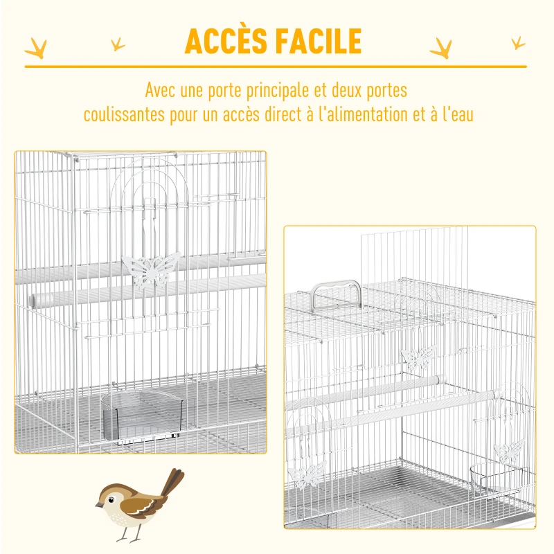 PawHut Cage pour oiseaux avec mangeoire poignée cadre en métal plateau coulissant 60 x 41 x 41 cm blanc