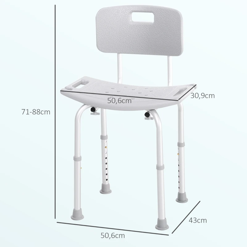 HOMCOM Taburete de Ducha Silla para Ducha con Respaldo Antideslizante Altura Regulable en 8 Niveles Carga 136 kg