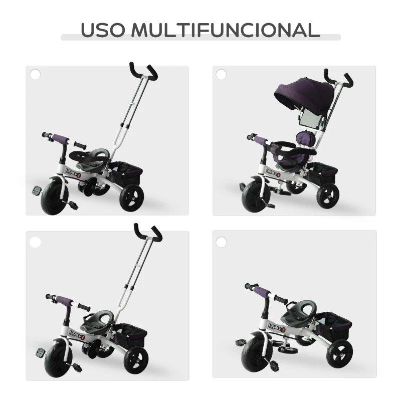 HOMCOM Triciclo Evolutivo para Bebés 6 en 1 Triciclo para Niños de 1-5 Años Bicicleta para Niños con Toldo Plegable Mango Telescópico Desmontable Cinturón de Seguridad y Cesto 95x50x106 cm Morado
