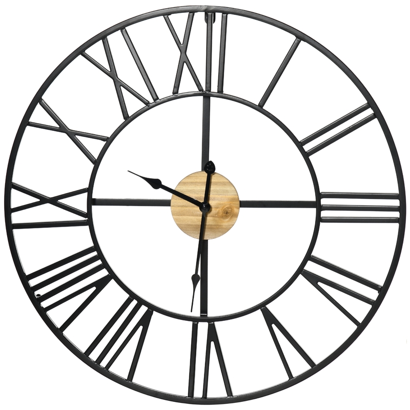 HOMCOM Wanduhr Vintage-Design 60 cm Durchmesser, mit römischen Zahlen, geräuschlos 60 cm x 60 cm x 4 cm Schwarz Natur