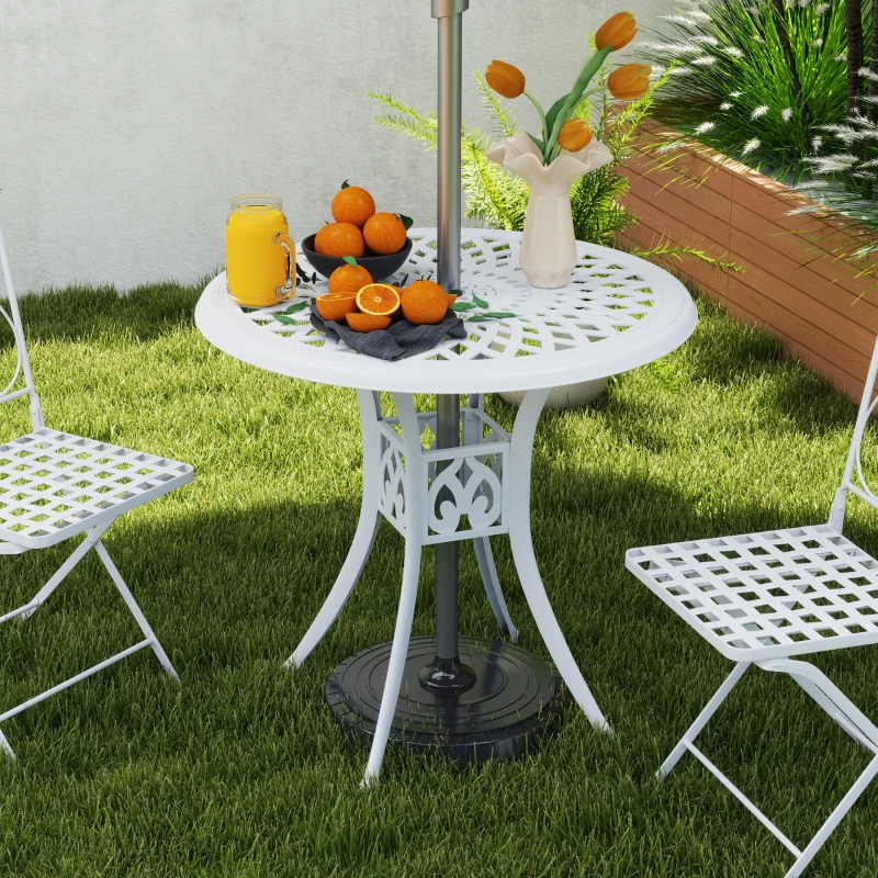 Outsunny 78 cm Round Garden Dining Table with Parasol Hole Antique Cast Aluminium Outdoor Table Only, White
