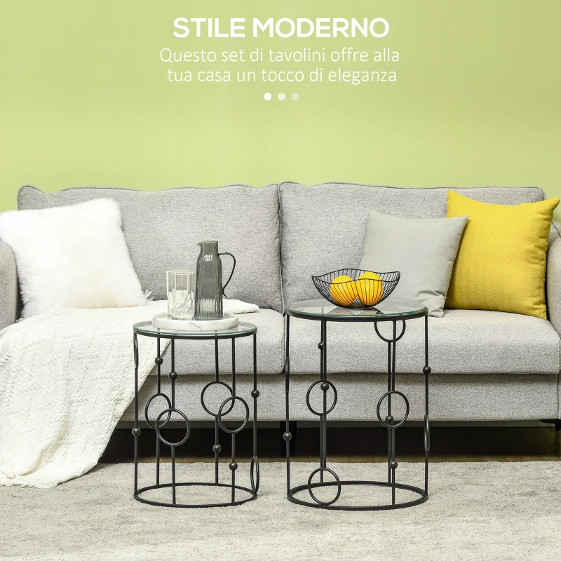 HOMCOM Set di 2 Tavolini da Caffè Impilabili in Metallo e Vetro Temperato Ø41x57cm e Ø36x51cm, Nero