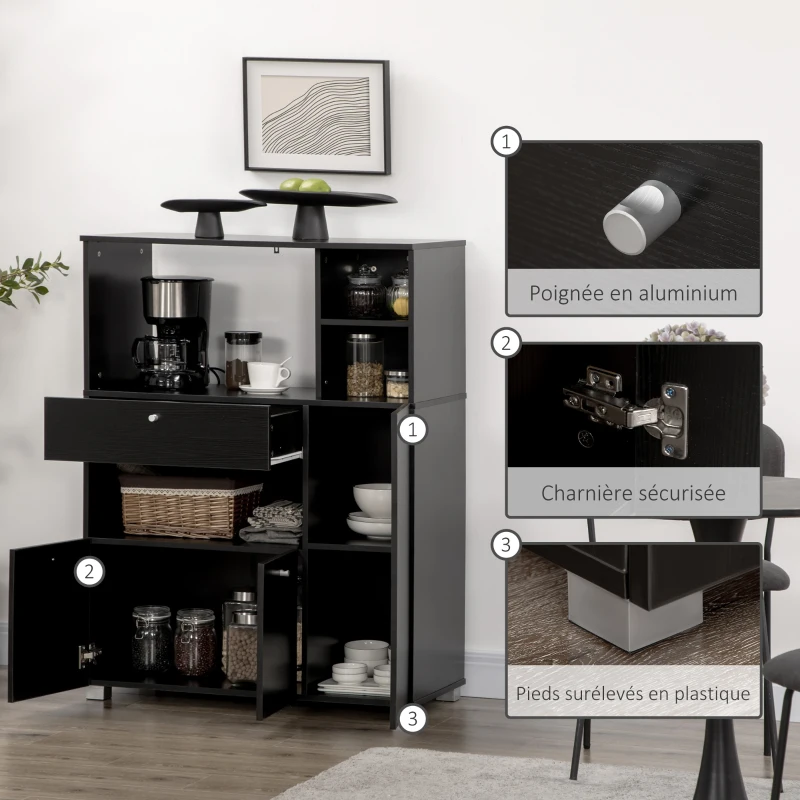 HOMCOM Meuble de micro-onde multi-rangements 2 placards 4 niches tiroir coulissant dim. 90L x 40l x 120H cm en bois noir