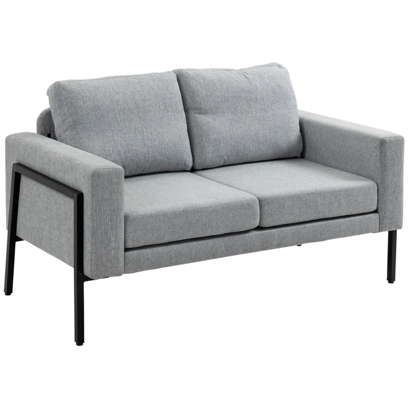 HOMCOM Divano 2 Posti in Tessuto Effetto Lino con Gambe in Acciaio e Cuscini Imbottiti, 138x70x83.5 cm, Grigio