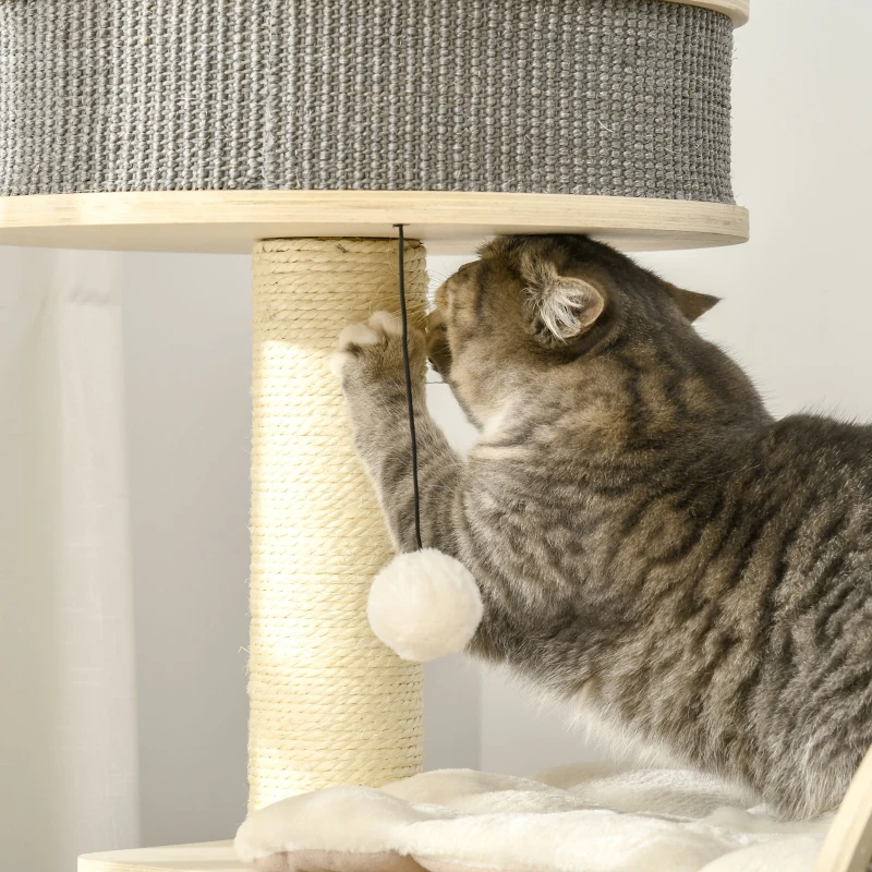 PawHut Árbol Rascador para Gatos Mediano Altura 91 cm Torre Escalador Gatos con Rueda para Ejercitar Cama Plataforma Cojines Poste de Sisal y Bolas de Juguete Gris y Crema