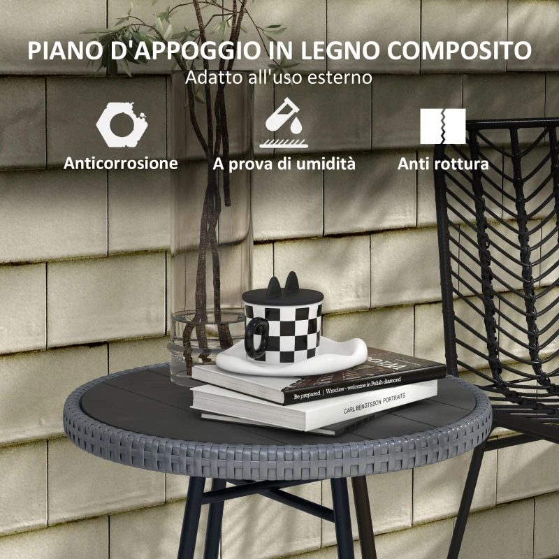 Outsunny Tavolino da Giardino Moderno con Piano in Plastica di Legno, in Rattan e Acciaio, 50x50x55 cm, Grigio e Nero