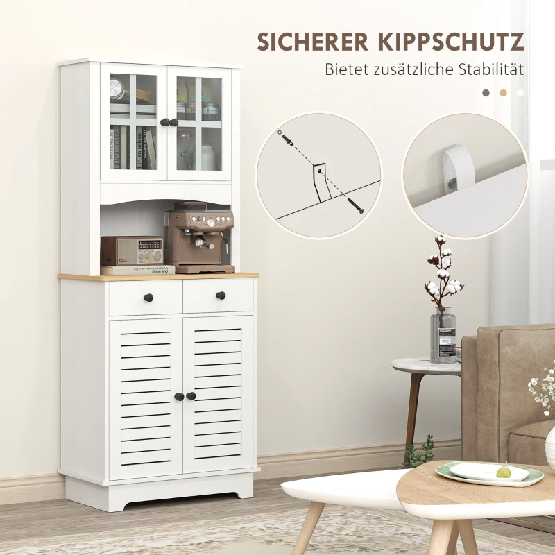 HOMCOM Küchenschrank mit Glastüren, 2 Schubladen, Geschirrschrank, Esszimmerschrank, Holz, 68 x 39,5 x 170 cm, Weiß(m-7)