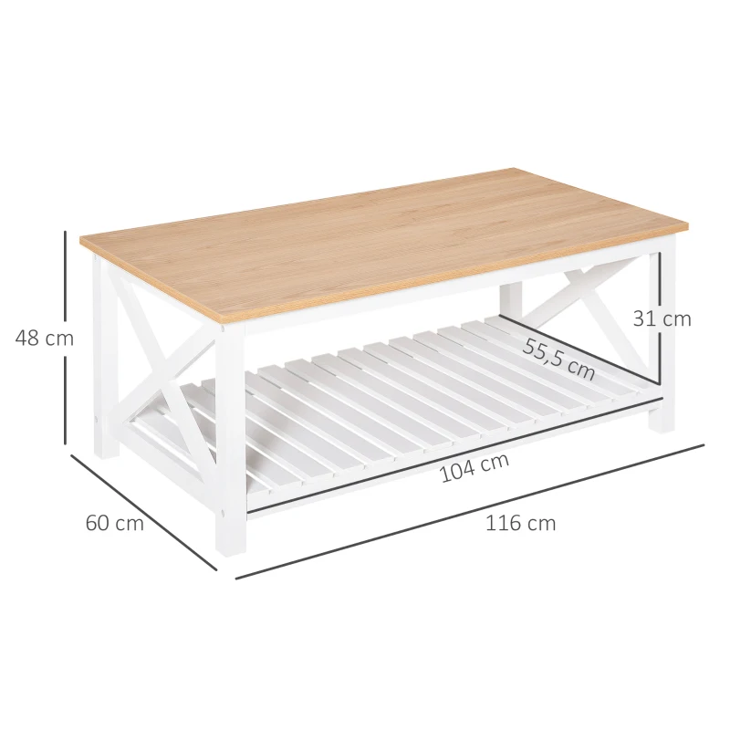 HOMCOM Table Basse rectangulaire dim. 116L x 60l x 48H cm étagère à Lattes Plateau Imitation chêne Clair MDF Blanc