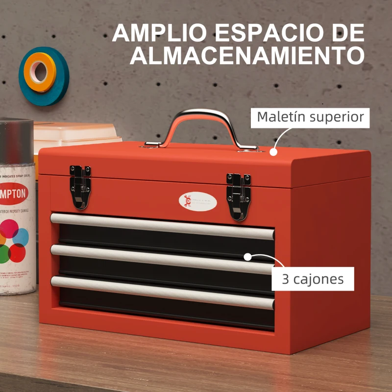 DURHAND Maletín de Herramientas Portátil Caja para Herramientas de Acero con 3 Cajones 1 Caja superior y 1 Asa 45x24x27 cm Rojo