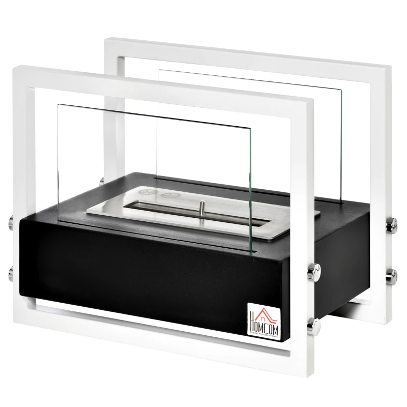 HOMCOM Camino a Bioetanolo Portatile, Biocamino da Tavolo o da Terra in Acciaio e Vetro, Serbatoio da 1.5L, Bianco e Nero