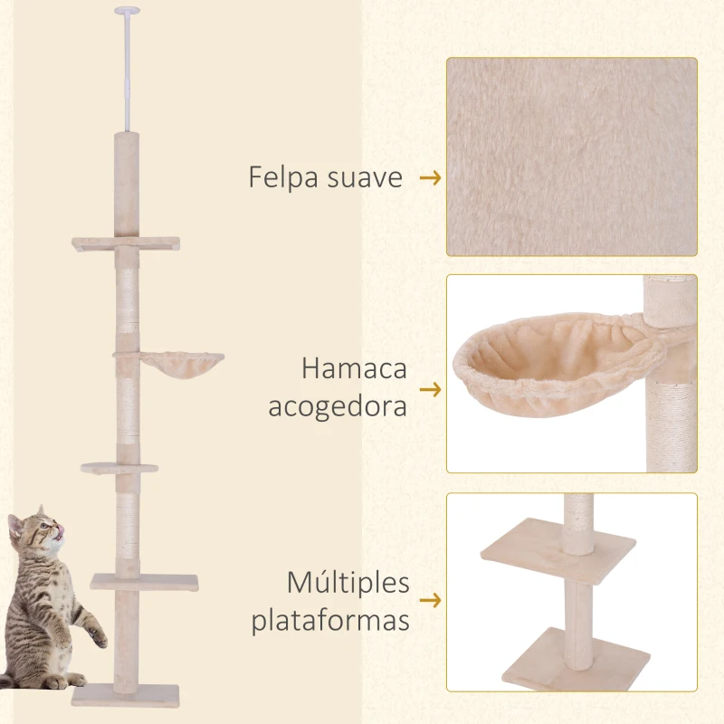 PawHut Árbol para Gatos de Suelo a Techo de 230-260 cm con Altura Ajustable Plataformas Hamaca y Postes de Sisal Beige