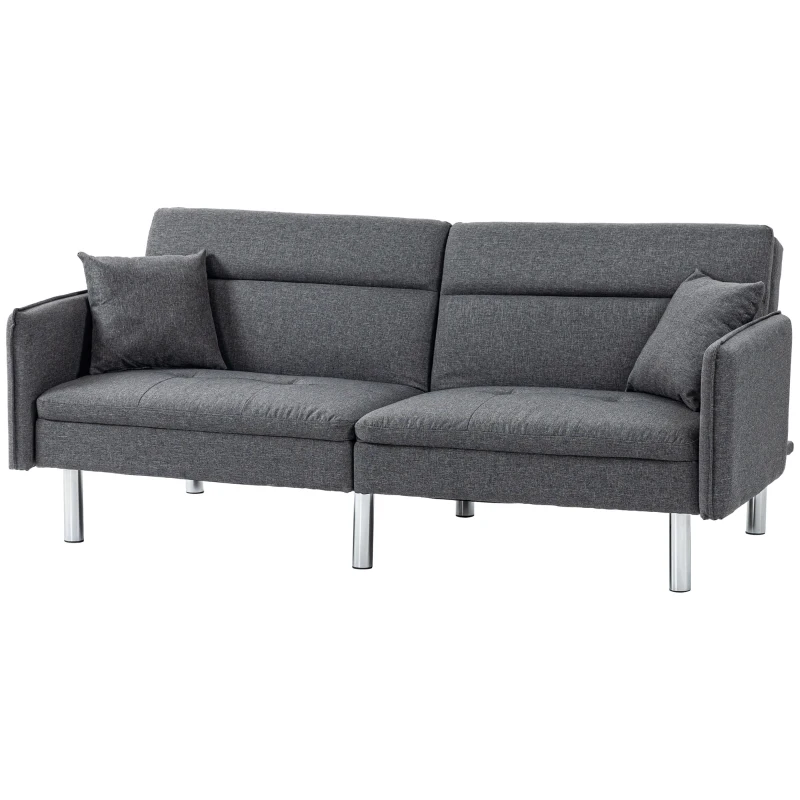 HOMCOM Divano Letto 3 Posti con Meccanismo Clic Clac, Schienale Reclinabile e 2 Cuscini, 189x91x84cm, Grigio