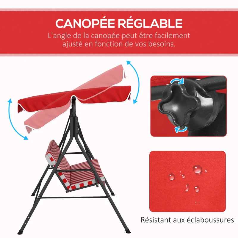 Outsunny Balancelle de Jardin 3 Places Toit Inclinaison réglable Coussins Assise et Dossier Acier Noir Polyester Rouge