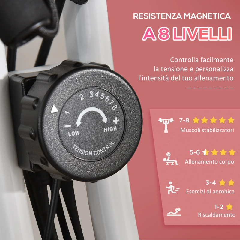HOMCOM Cyclette Pieghevole 2 in 1, Resistenza Magnetica Regolabile 8 Livelli, Cyclette da Casa Silenziosa con Sensore di Frequenza Cardiaca, Elastici per Braccia, Schermo LCD, Volano 2.5kg, Rosa