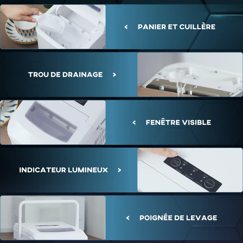 HOMCOM Machine à glaçon portative capacité réservoir eau 1,5 L autonettoyante pelle à glace et panier inclus jusqu'à 12kg/24h PP acier blanc