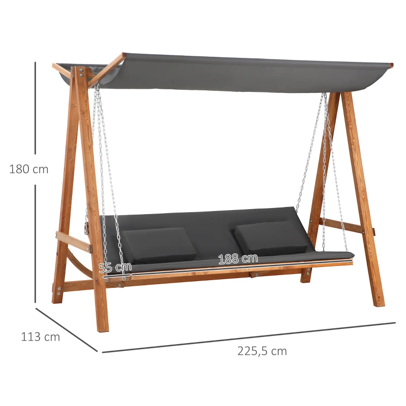 Outsunny Hollywoodschaukel mit Bettfunktion 3-Sitzer Gartenschaukel Holzschaukel mit verstellbarem Sonnendach Schaukelbank belast 250kg Gartenliege für Terrasse, 225,5 x 113 x 180 cm Grau+Teak
