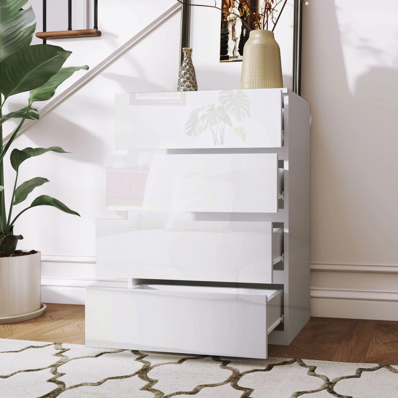 HOMCOM Cómoda con 4 Cajones Diseño Anti-vuelco Cajonera para Salón Pasillo 55x33x80 cm Blanco Brillante(m-7)