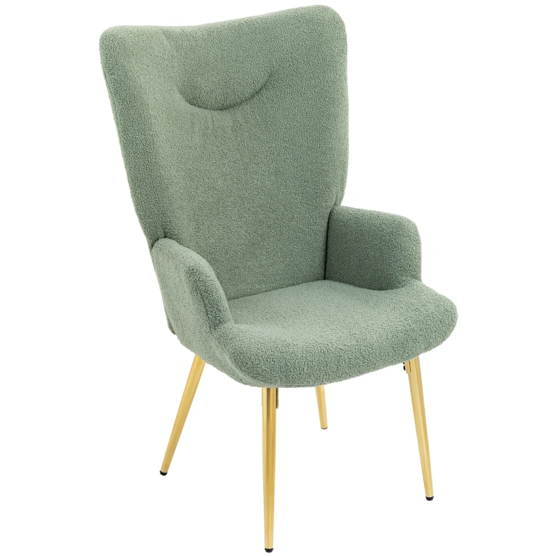 HOMCOM Sedia per Soggiorno con Schienale Alto in Acciaio e Tessuto Effetto Sherpa, 73x68x111 cm, Verde e Oro