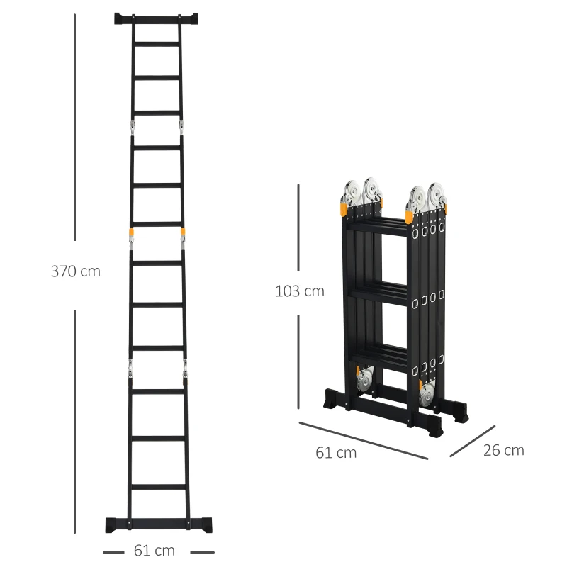DURHAND Escalera Multiusos Plegable Escalón Caballete 5 en 1 Portátil con 2 Placas de Plataforma Pie Antideslizante 6 Interruptores Bisagra Aluminio 150 kg 370x61x11 cm Negro