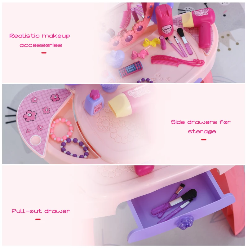 HOMCOM Kids Pretend Vanity Table Stool Beauty Pretend Princess Dressing Table Play Set with Mirror Lights Music & Makeup Accessories for Girls 3 Years Old Pink